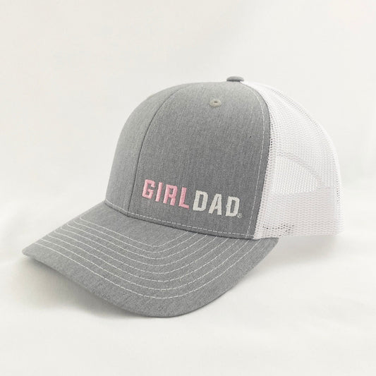Girldad® Embroidered Trucker Hat, Grey/White/Pink with Offset Logo