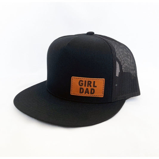 Girldad® Offset Black/Black Leather Patch Flat Bill Trucker Hat