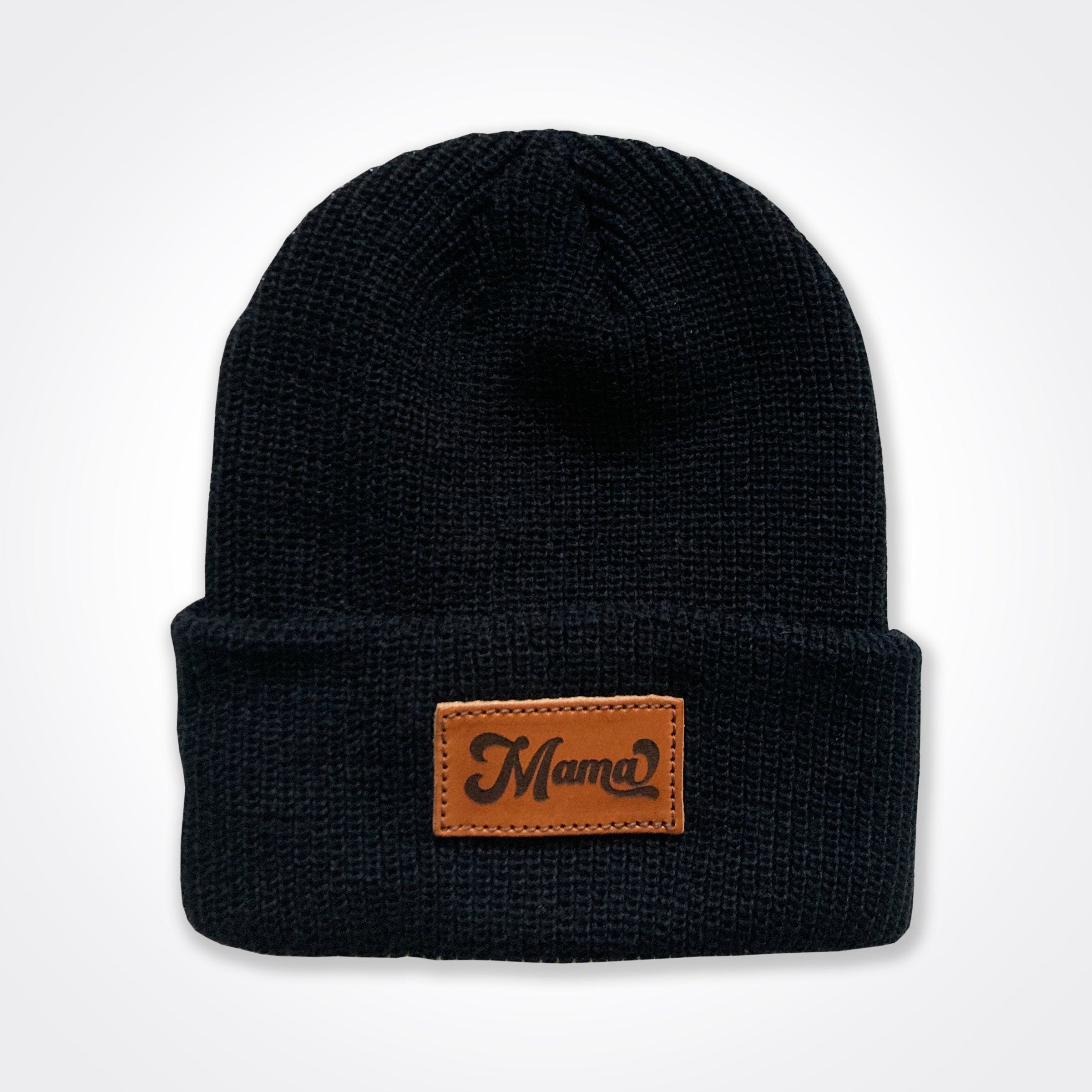 Mama Leather Patch Classic Beanie In Light Grey, Black, Grey