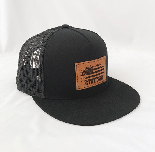 Girldad® USA Distressed Flag Teak Leather Patch Black/Black Trucker Hat