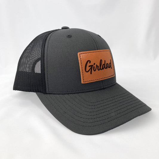 Girldad® Leather Patch Trucker Hat, Charcoal/Black Script Trucker Hat