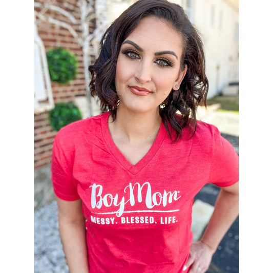 Boymom Messy Blessed Life V-Neck Tee - Heather Red