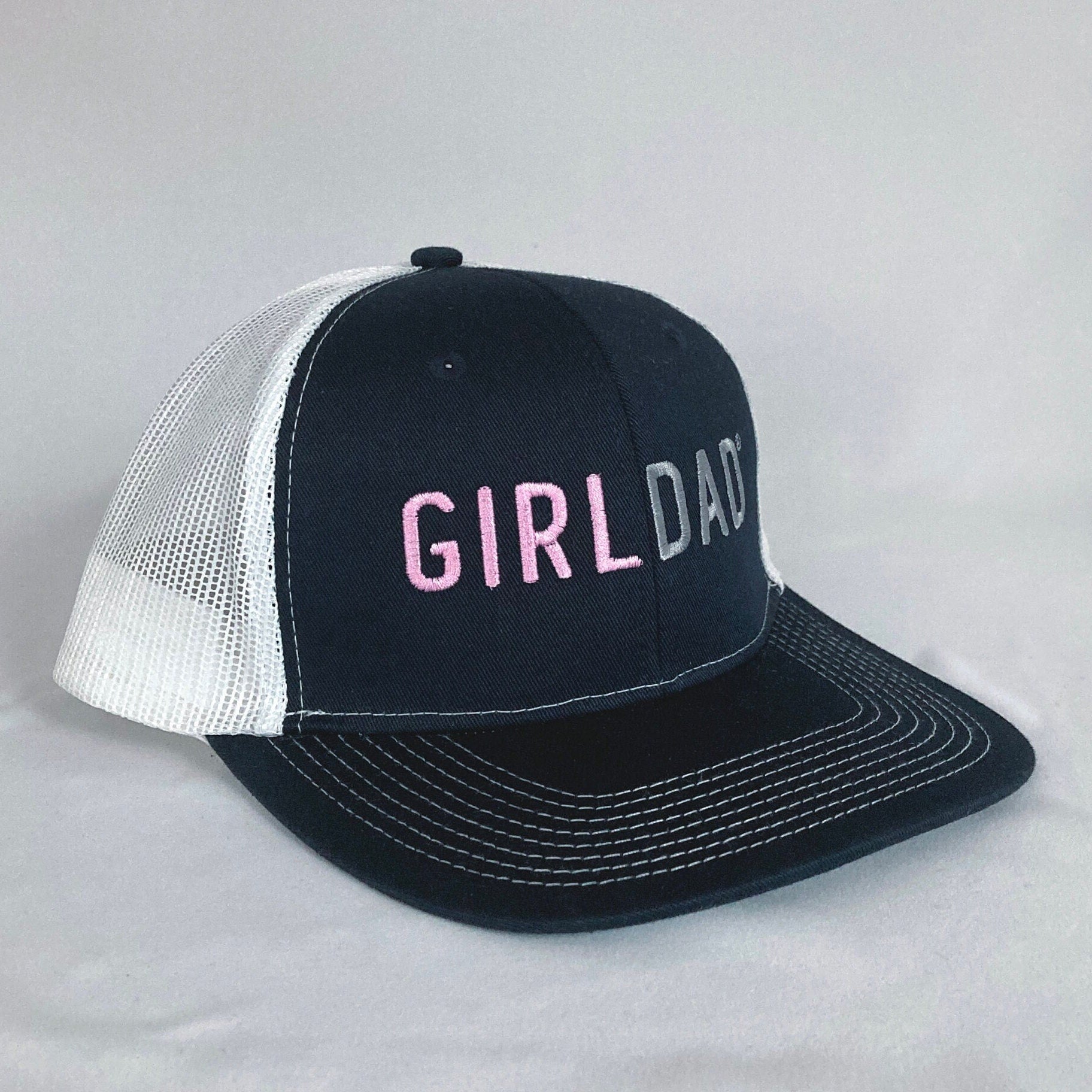 Girldad® Pink & Silver on Navy with White Mesh Embroidered Trucker Hat