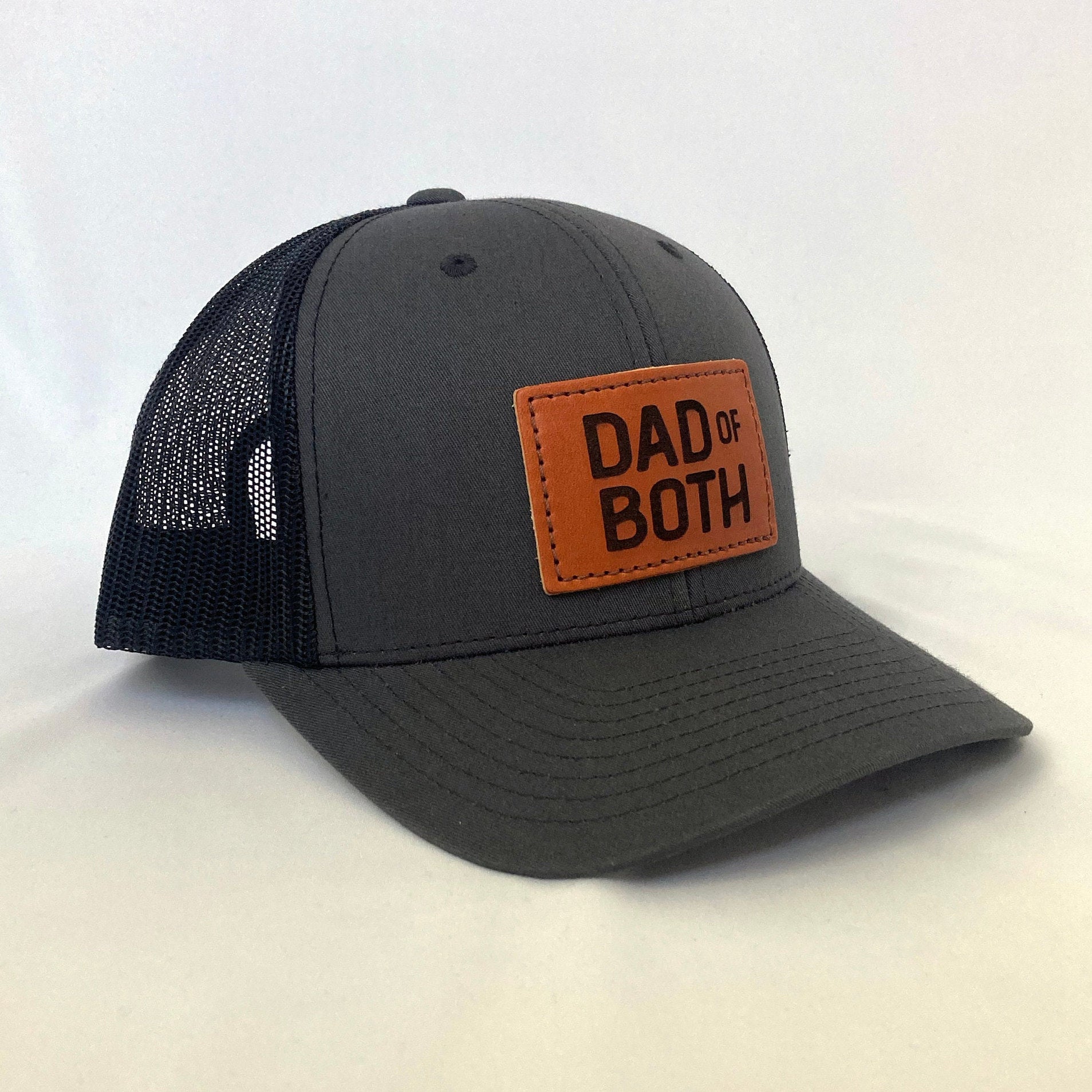 Dad Of Both Charcoal/Black Leather Patch Trucker Hat