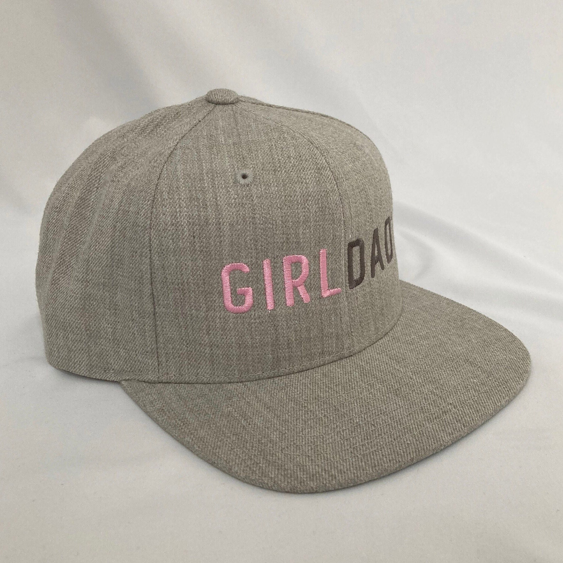 Girldad® Heather Grey Flat Bill SnapBack Hat Trucker Hat with Pink and Charcoal Embroidery
