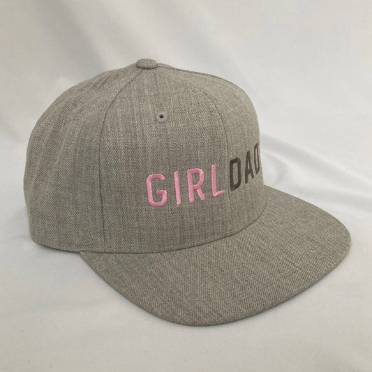Girldad® Heather Grey Flat Bill SnapBack Hat Trucker Hat with Pink and Charcoal Embroidery