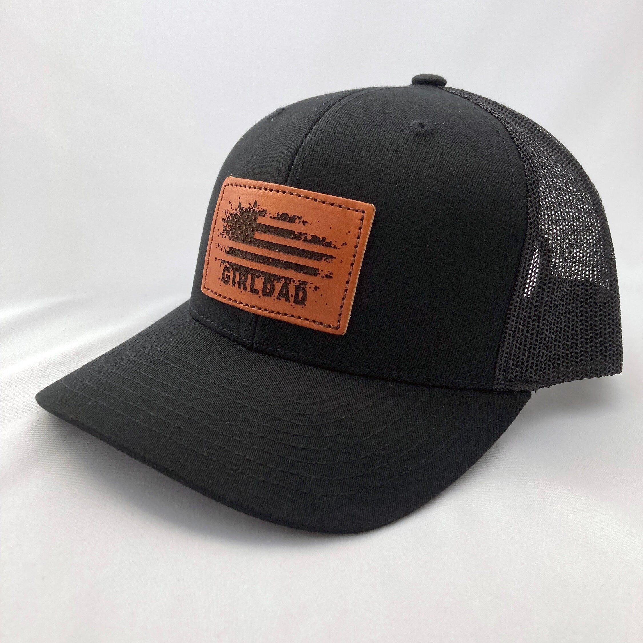 Girldad® Black/Black  USA Distressed Flag Teak Leather Patch Trucker Hat