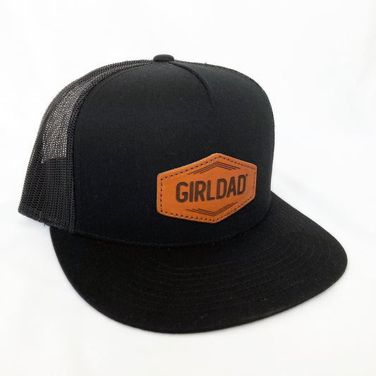 Girldad® Black/Black Leather Patch Flat Bill Trucker Hat
