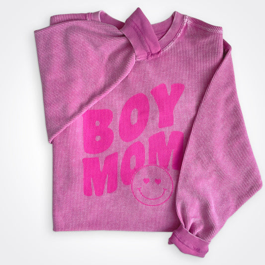 Boymom® Heart Eyes Corded Crew Sweatshirt in Bubble Gum Pink