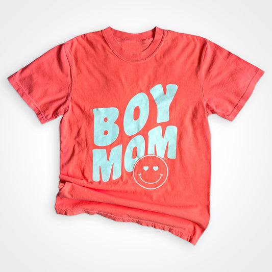 Boymom® Heart Eyes Shirt in Neon Red Orange Color