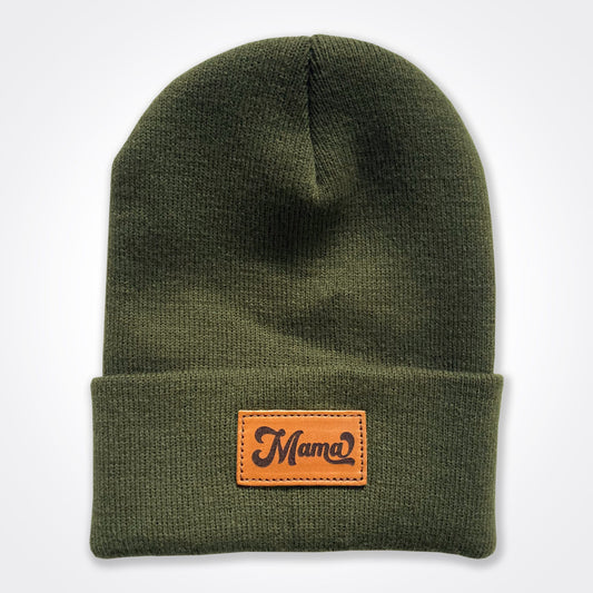 Mama Retro Leather Patch Beanie In Olive
