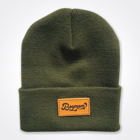 Boymom® Retro Leather Patch Beanie In Olive & White Options