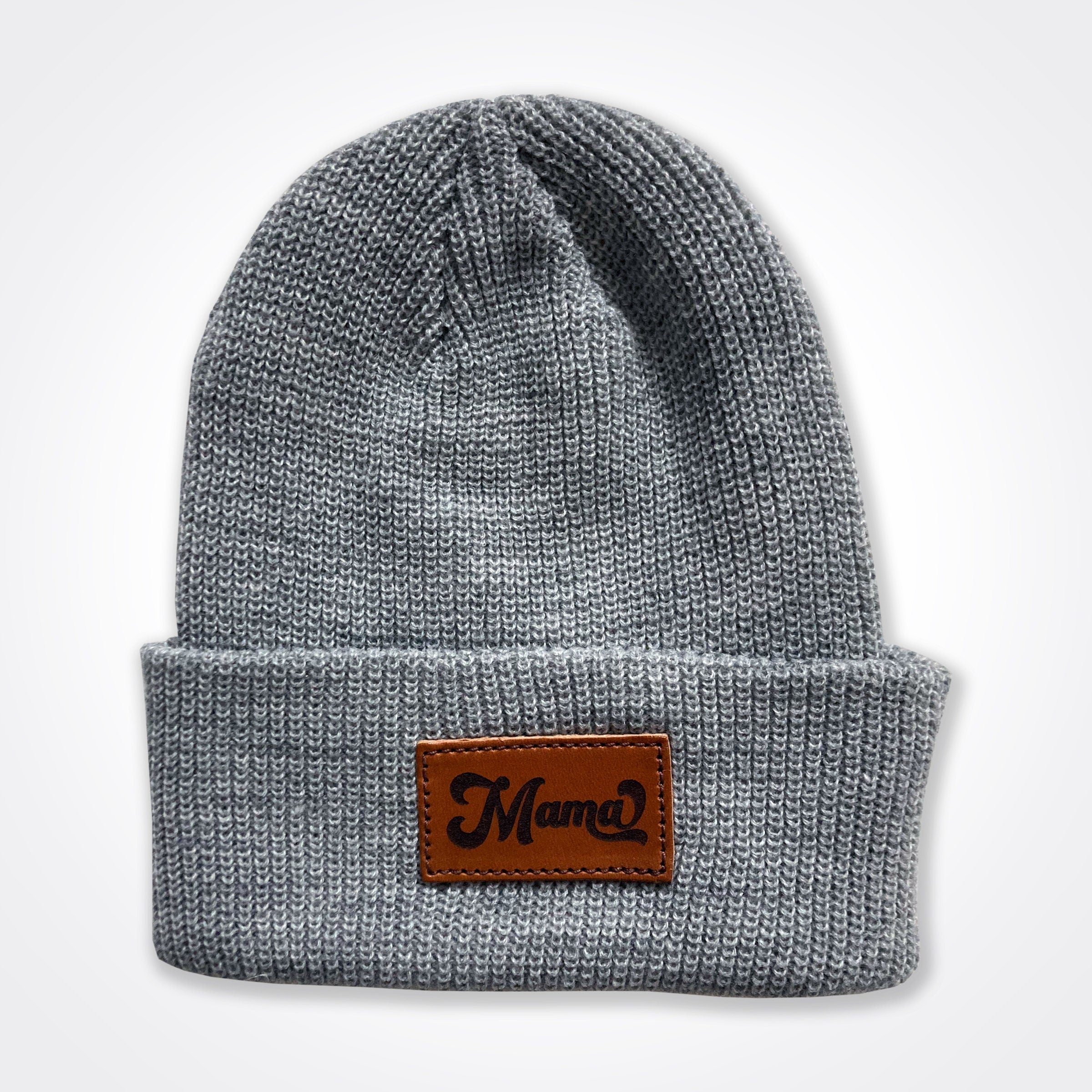 Mama Leather Patch Classic Beanie In Light Grey, Black, Grey