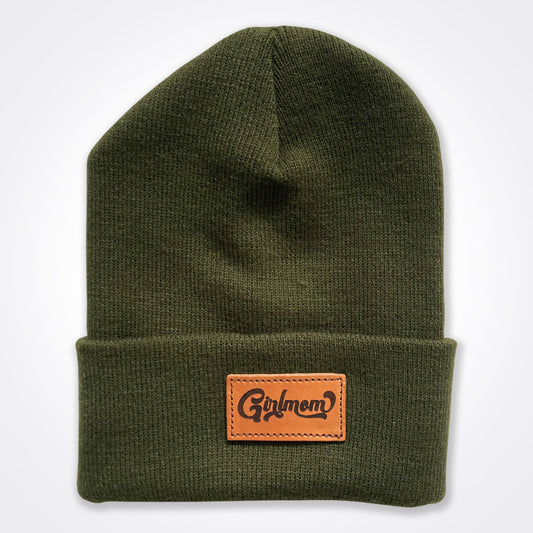 Girlmom® Retro Leather Patch Beanie In Olive & White options